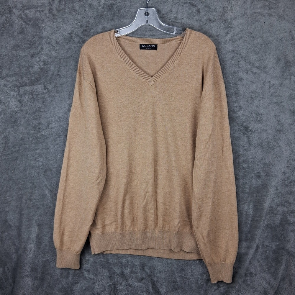 Kallspin Mens XL V-Neck Sweater Tan Camel Wool Blend Long Sleeve Pullover